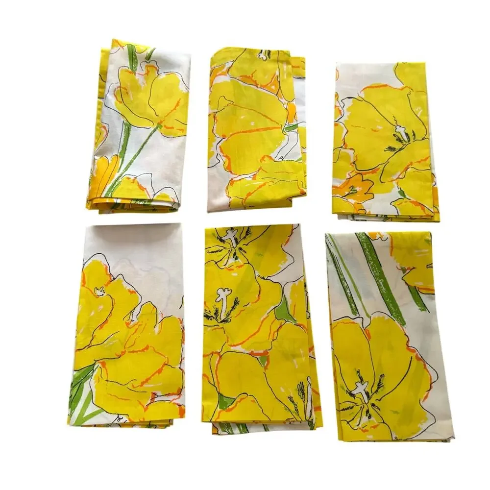 Vintage Mod Floral Cloth Napkins Set of 6 Large Yellow Poppy Orange Flowers 15